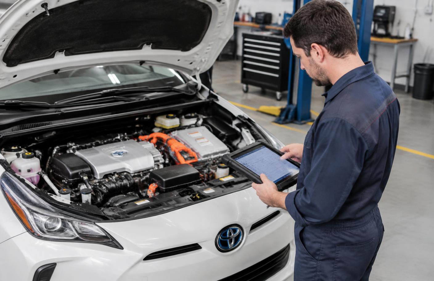 Mechanik z testerem diagnostycznym przy układzie hybrydowym Toyoty Prius