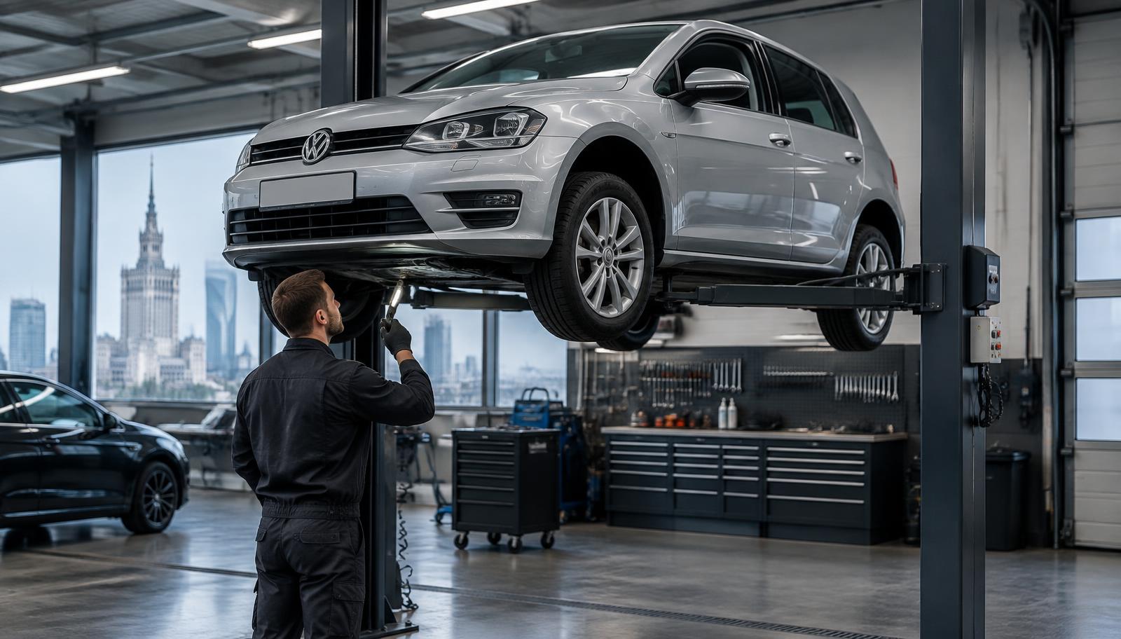 Mechanik kontrolujący Volkswagena Golfa na podnośniku w warsztacie