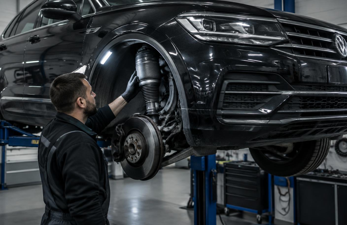 Mechanik kontrolujący zawieszenie pneumatyczne Volkswagena Touarega