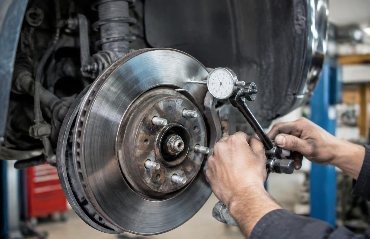 Mechanik mierzący czujnikiem zegarowym bicie tarczy hamulcowej Volvo