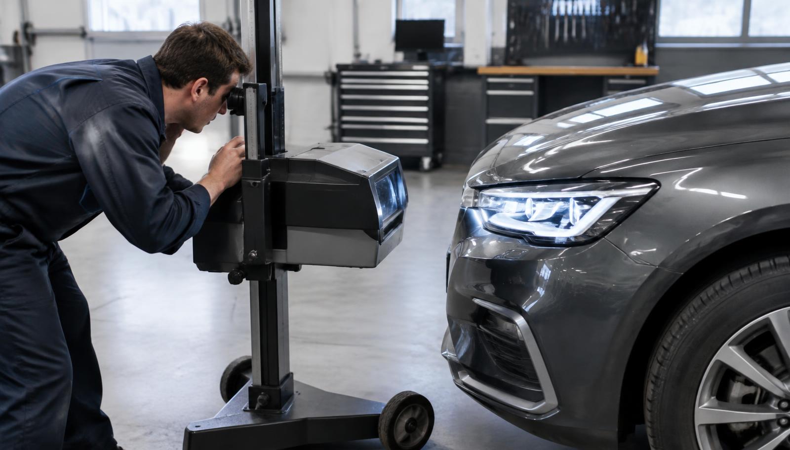 Mechanik sprawdzający ustawienie reflektora LED na urządzeniu do regulacji świateł