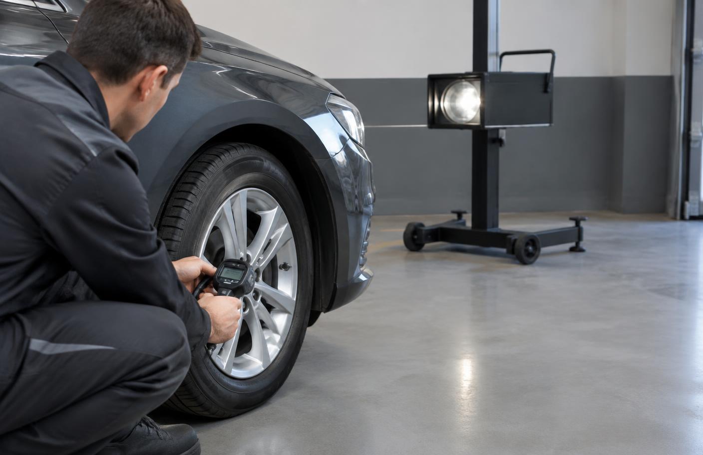 Mechanik sprawdzający ciśnienie w oponie przed ustawieniem świateł