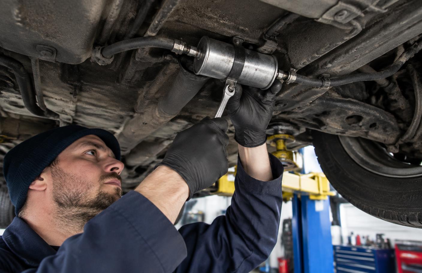 Mechanik odkręcający filtr paliwa zamontowany pod podwoziem auta benzynowego