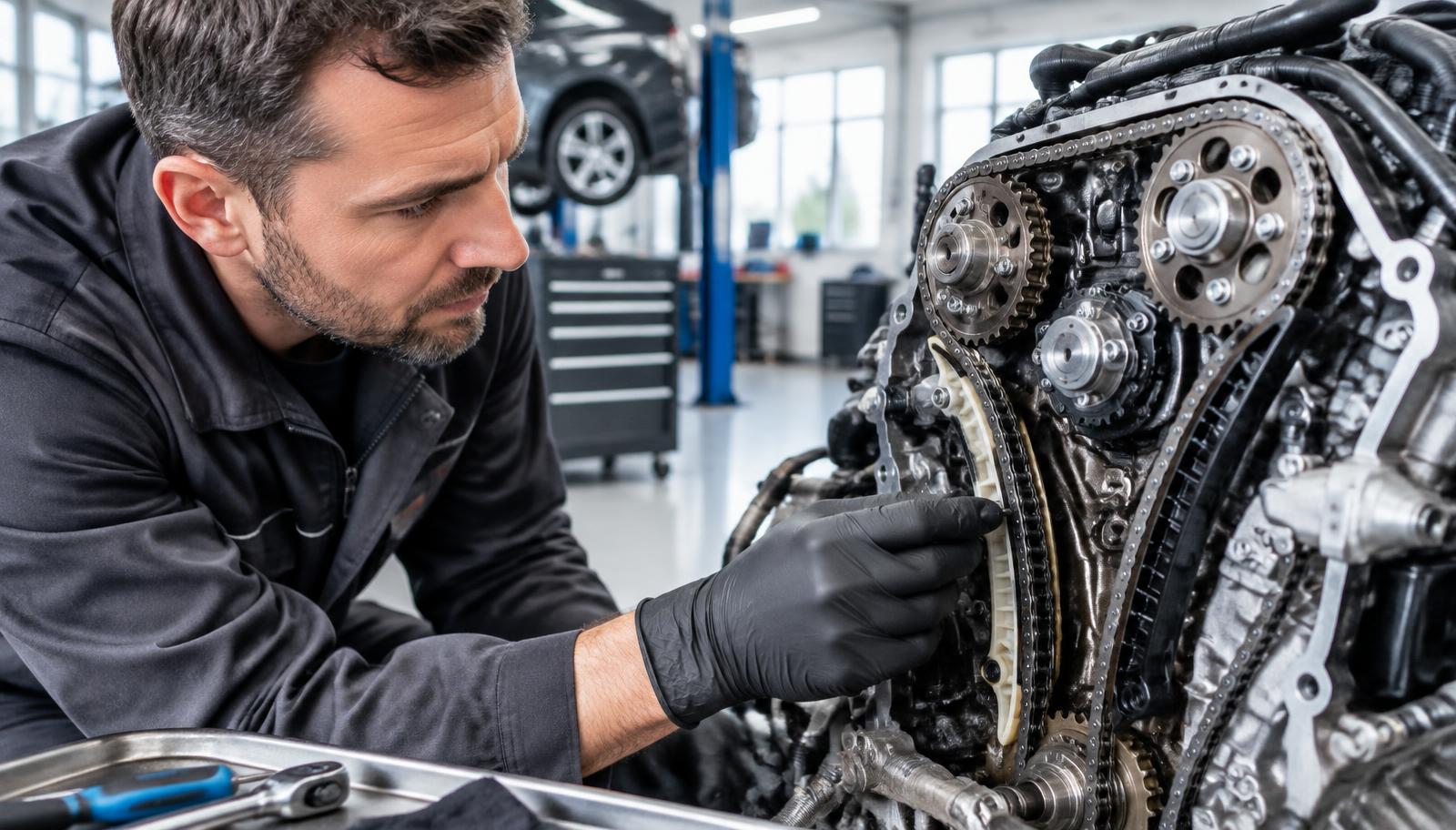 Mechanik kontrolujący łańcuch rozrządu w silniku