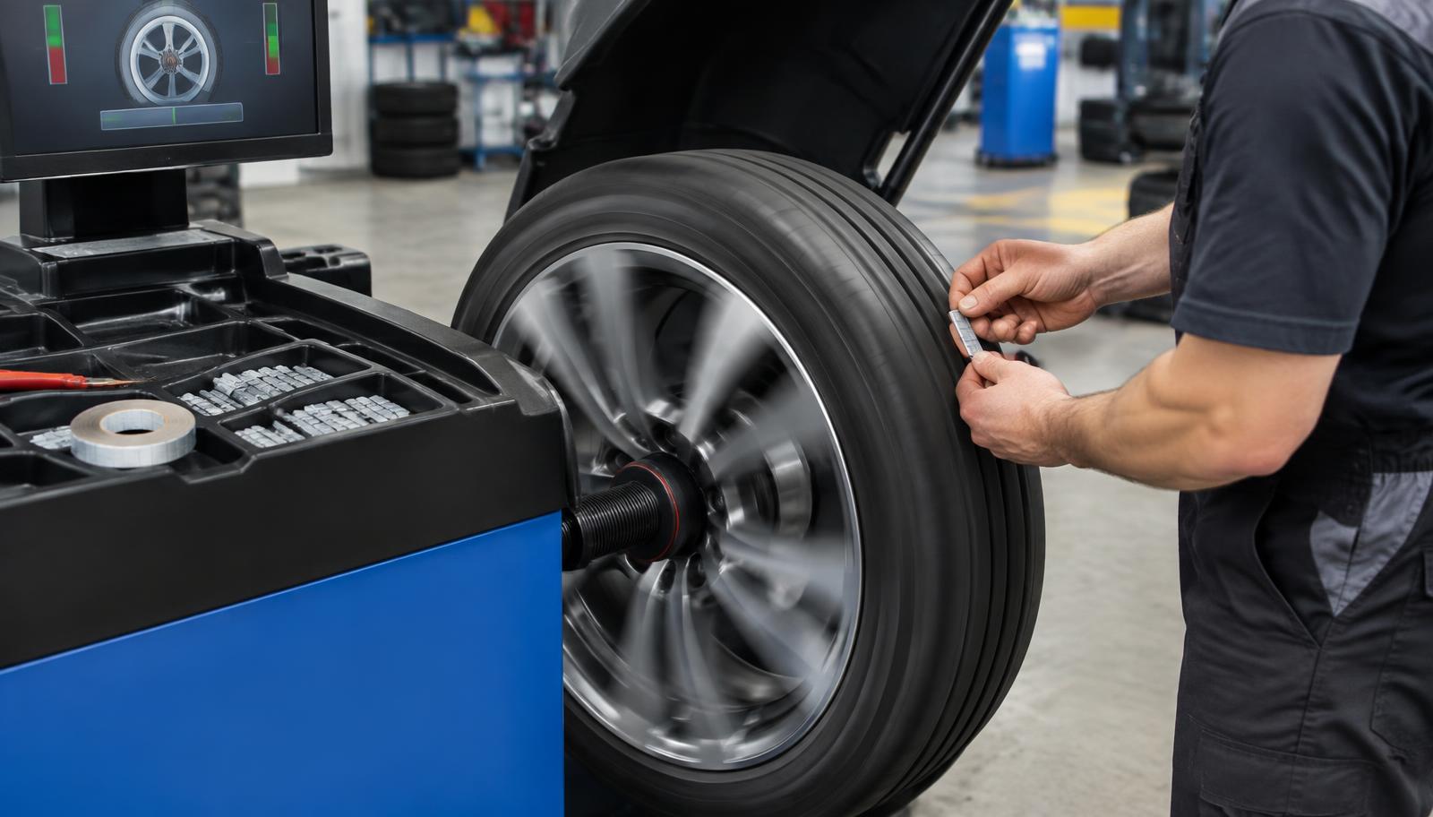 Mechanik przykleja ciężarek do felgi na wyważarce kół