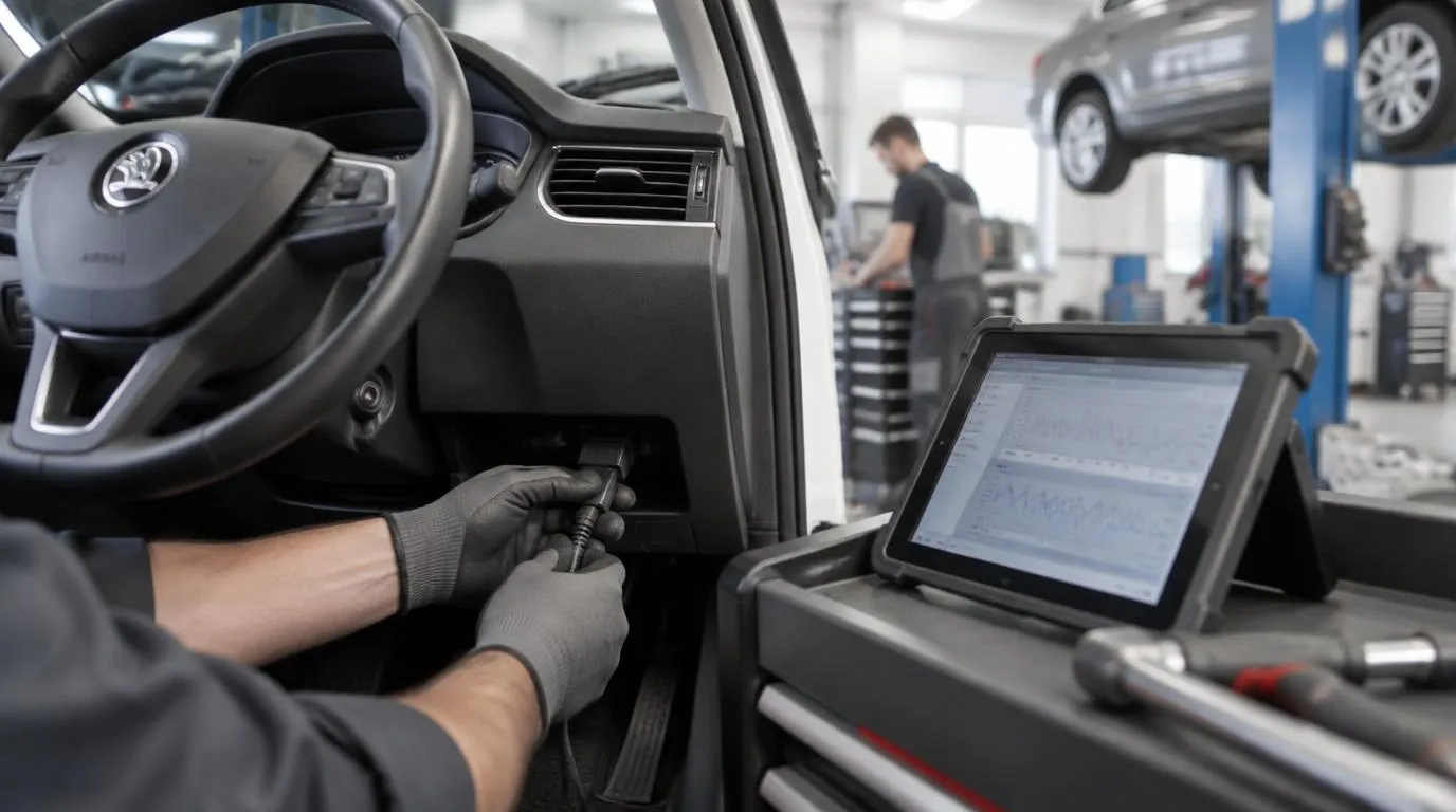 Skoda kompiuterinė diagnostika Vilniuje – meistras prijungia diagnostikos įrangą AutoDio autoservise