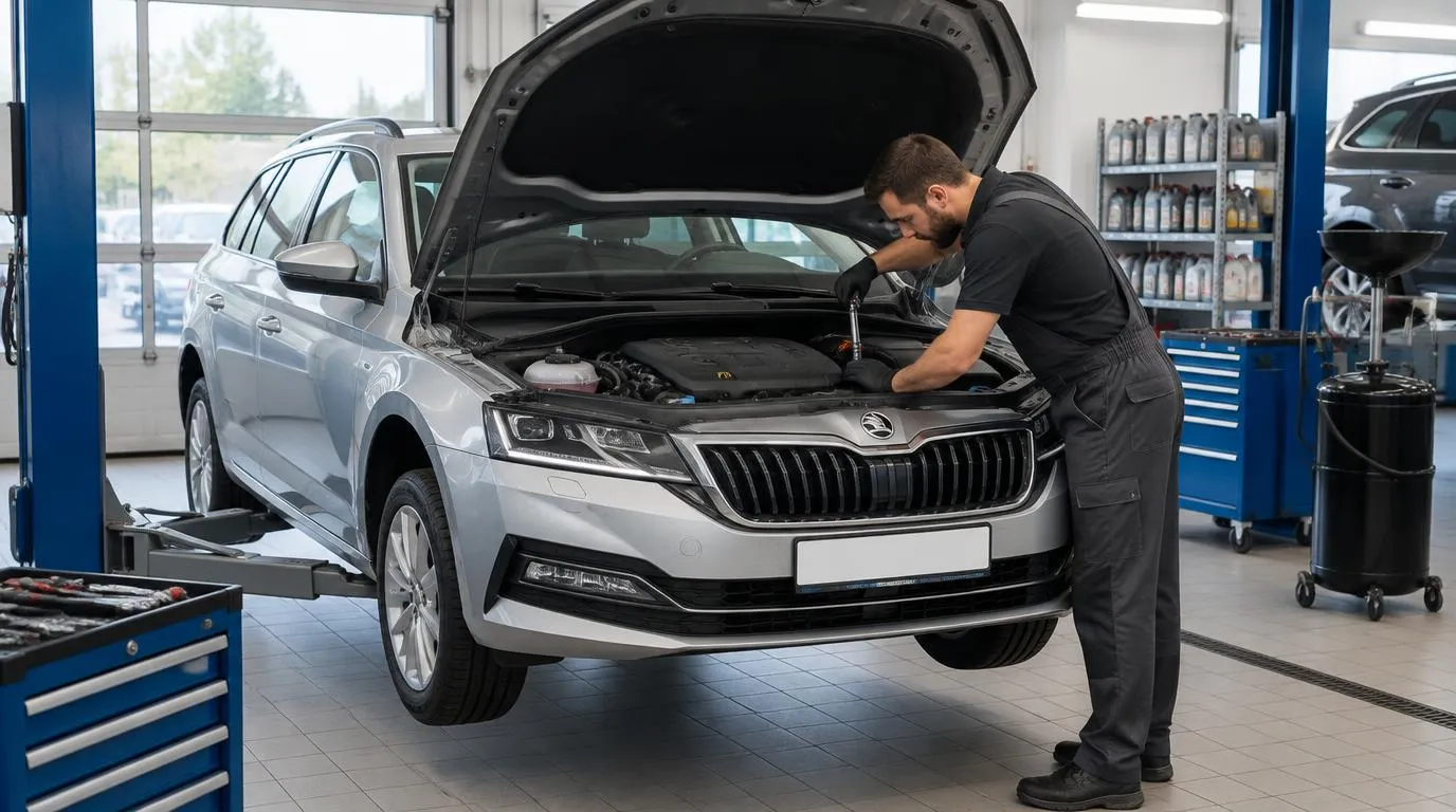 Skoda servisas Vilniuje – meistras tikrina Skoda Octavia variklį AutoDio autoservise